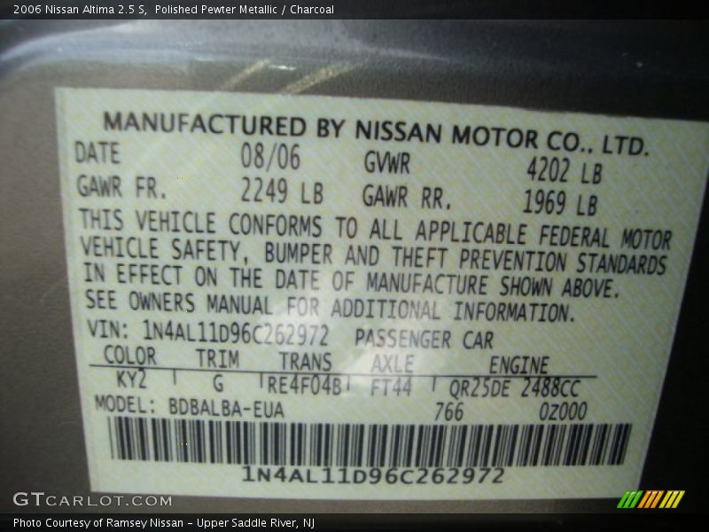 Polished Pewter Metallic / Charcoal 2006 Nissan Altima 2.5 S