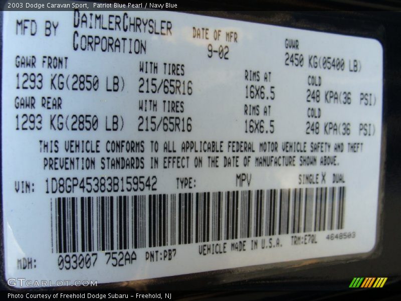 2003 Caravan Sport Patriot Blue Pearl Color Code PB7