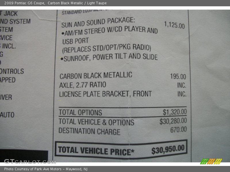 Carbon Black Metallic / Light Taupe 2009 Pontiac G6 Coupe