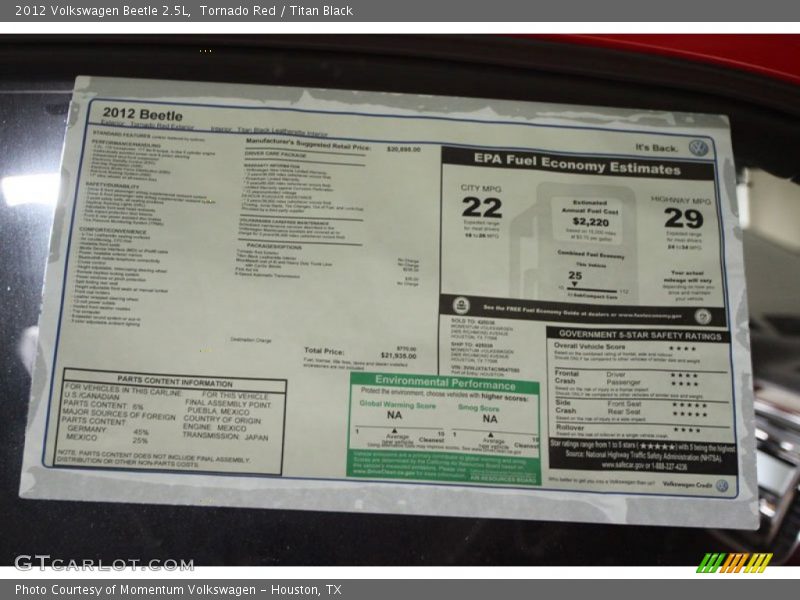 Tornado Red / Titan Black 2012 Volkswagen Beetle 2.5L