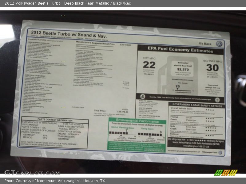 Deep Black Pearl Metallic / Black/Red 2012 Volkswagen Beetle Turbo