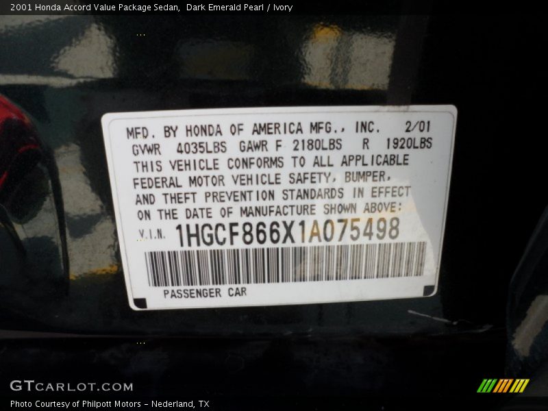 Dark Emerald Pearl / Ivory 2001 Honda Accord Value Package Sedan