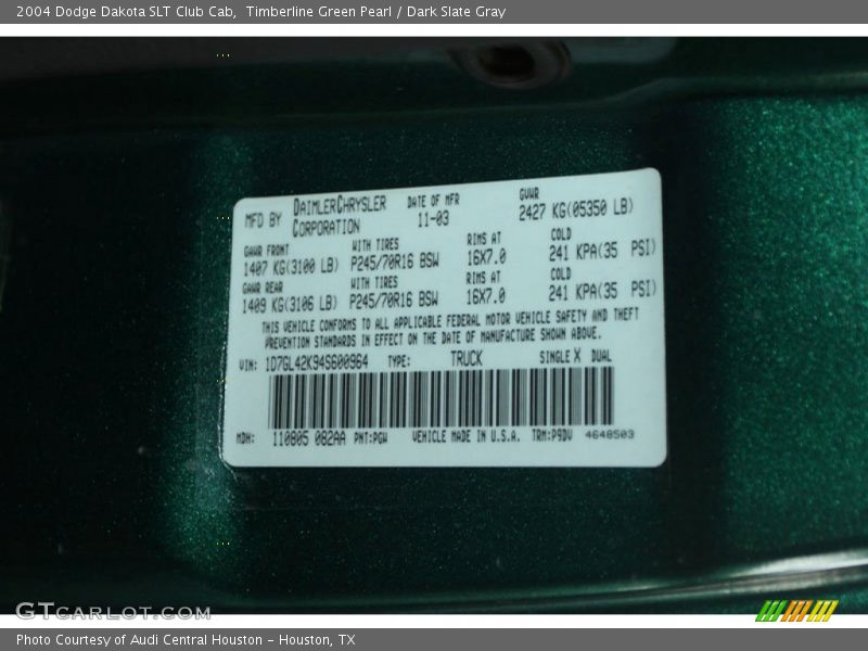 2004 Dakota SLT Club Cab Timberline Green Pearl Color Code PGW