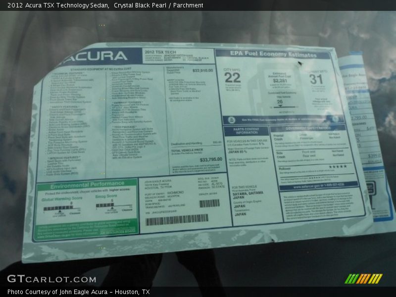  2012 TSX Technology Sedan Window Sticker