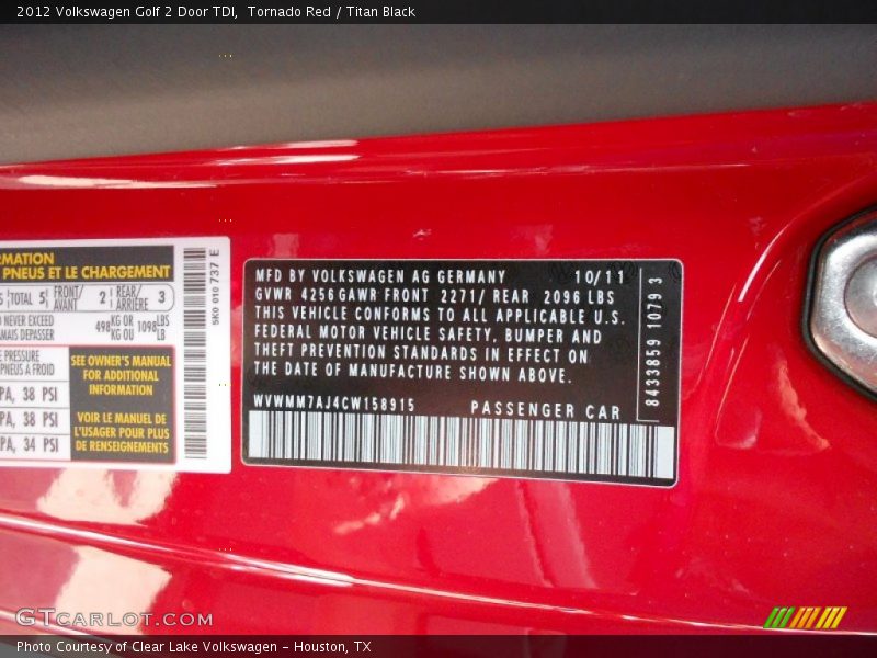 Tornado Red / Titan Black 2012 Volkswagen Golf 2 Door TDI