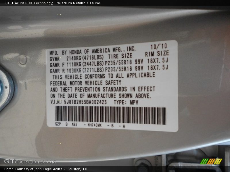 2011 RDX Technology Palladium Metallic Color Code NH743MX