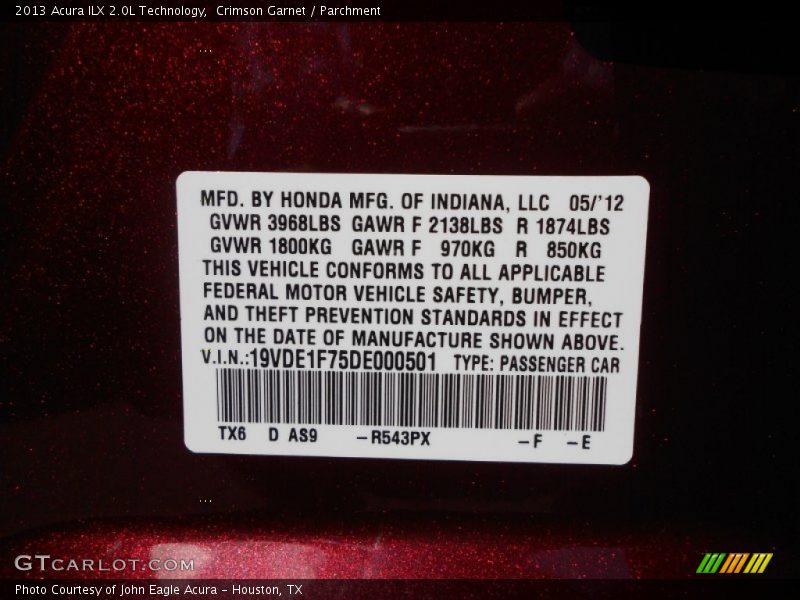 2013 ILX 2.0L Technology Crimson Garnet Color Code R543PX