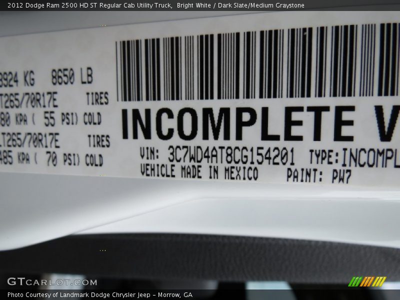 Info Tag of 2012 Ram 2500 HD ST Regular Cab Utility Truck