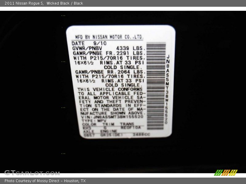 Wicked Black / Black 2011 Nissan Rogue S
