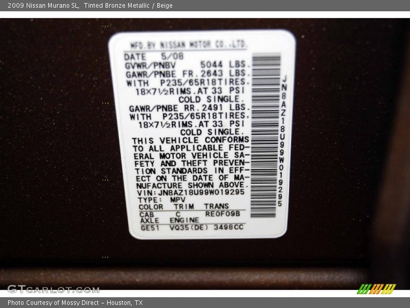 Tinted Bronze Metallic / Beige 2009 Nissan Murano SL