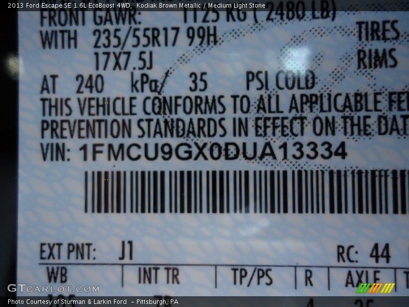 2013 Escape SE 1.6L EcoBoost 4WD Kodiak Brown Metallic Color Code J1