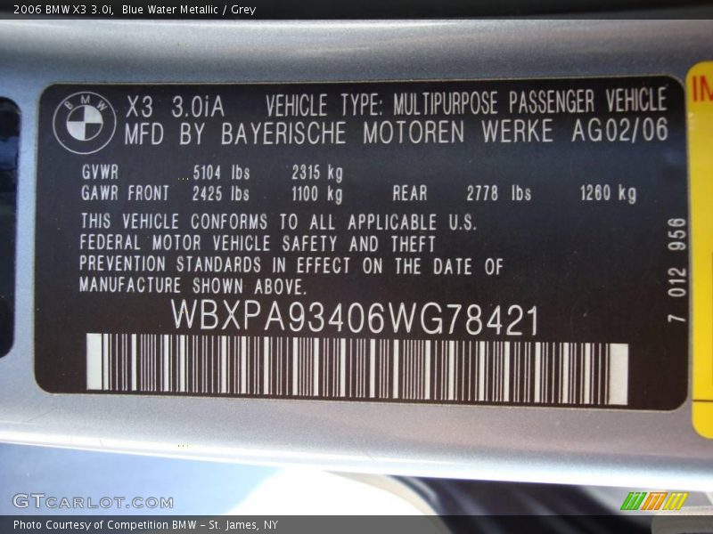 Blue Water Metallic / Grey 2006 BMW X3 3.0i