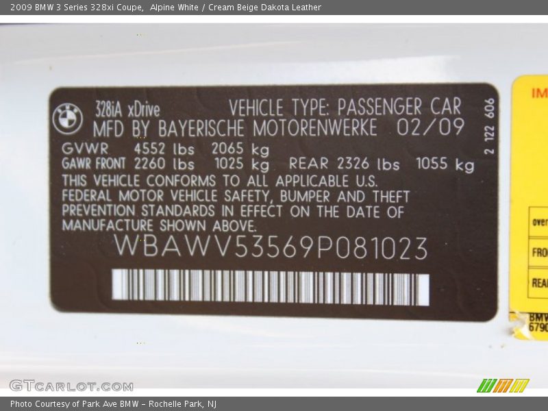 Alpine White / Cream Beige Dakota Leather 2009 BMW 3 Series 328xi Coupe