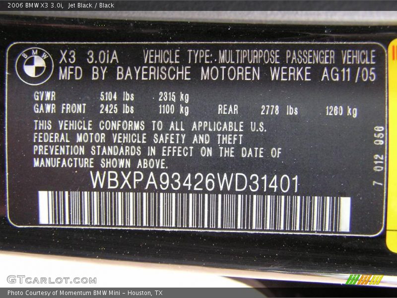 Jet Black / Black 2006 BMW X3 3.0i
