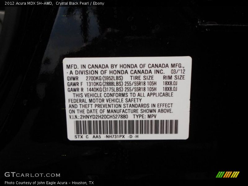 Crystal Black Pearl / Ebony 2012 Acura MDX SH-AWD