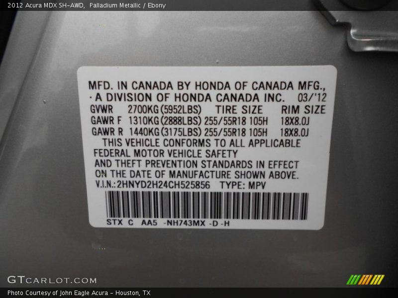 Palladium Metallic / Ebony 2012 Acura MDX SH-AWD