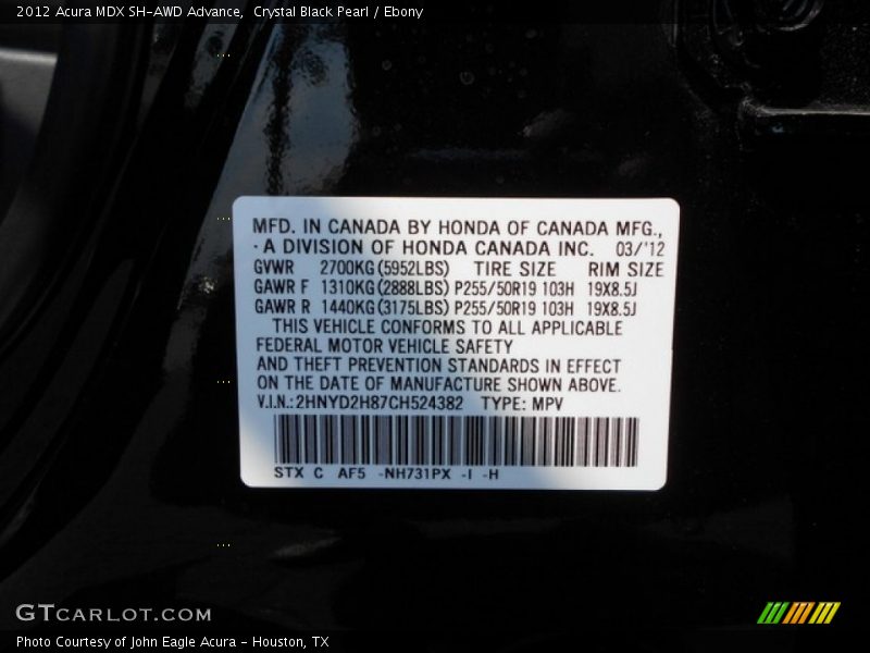 2012 MDX SH-AWD Advance Crystal Black Pearl Color Code NH731PX