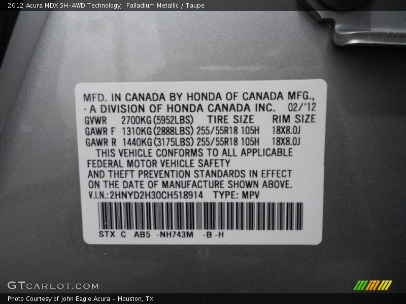 Palladium Metallic / Taupe 2012 Acura MDX SH-AWD Technology