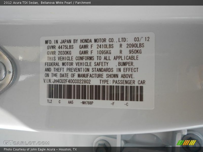 Bellanova White Pearl / Parchment 2012 Acura TSX Sedan