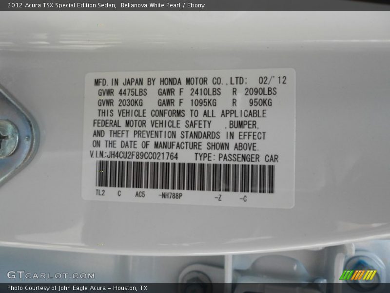 2012 TSX Special Edition Sedan Bellanova White Pearl Color Code NH788P