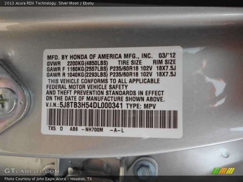 Silver Moon / Ebony 2013 Acura RDX Technology