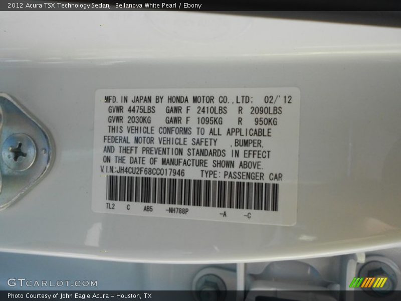 Bellanova White Pearl / Ebony 2012 Acura TSX Technology Sedan