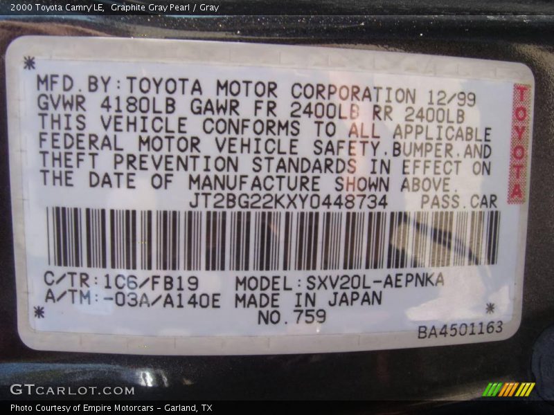 Graphite Gray Pearl / Gray 2000 Toyota Camry LE