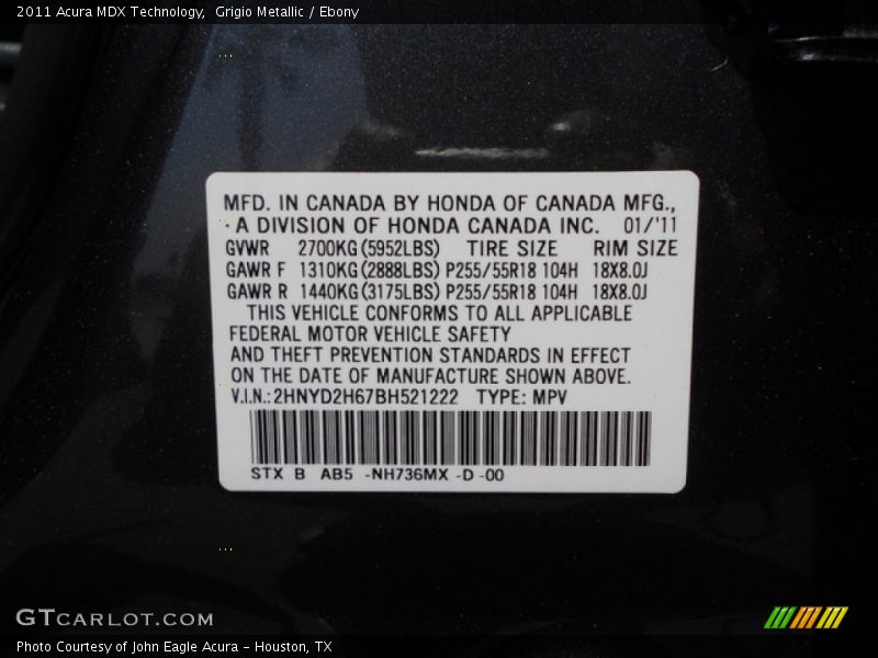 Grigio Metallic / Ebony 2011 Acura MDX Technology