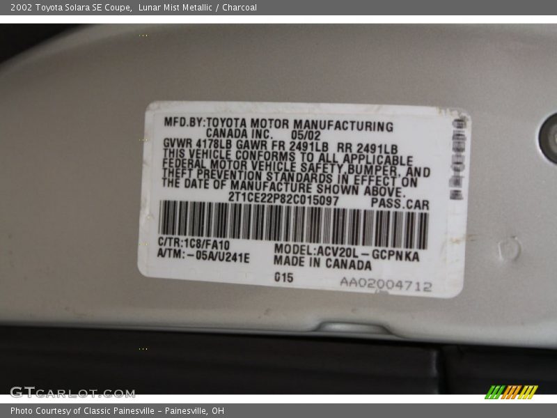 Lunar Mist Metallic / Charcoal 2002 Toyota Solara SE Coupe
