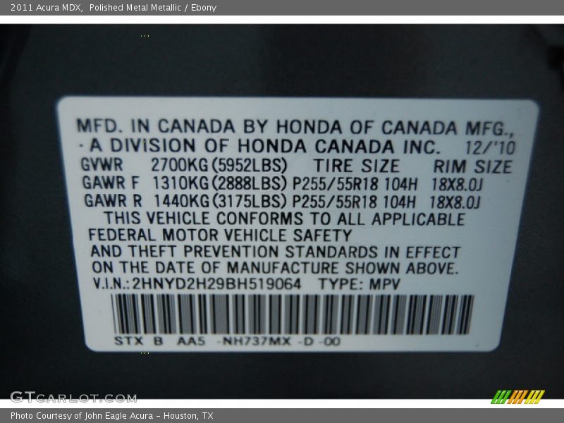 Polished Metal Metallic / Ebony 2011 Acura MDX