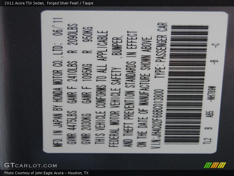 2011 TSX Sedan Forged Silver Pearl Color Code NH789M