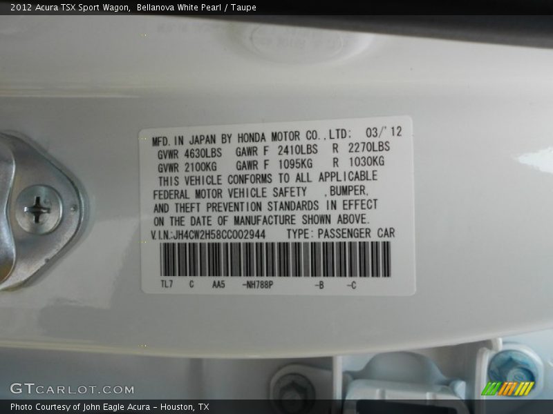 2012 TSX Sport Wagon Bellanova White Pearl Color Code NH788P