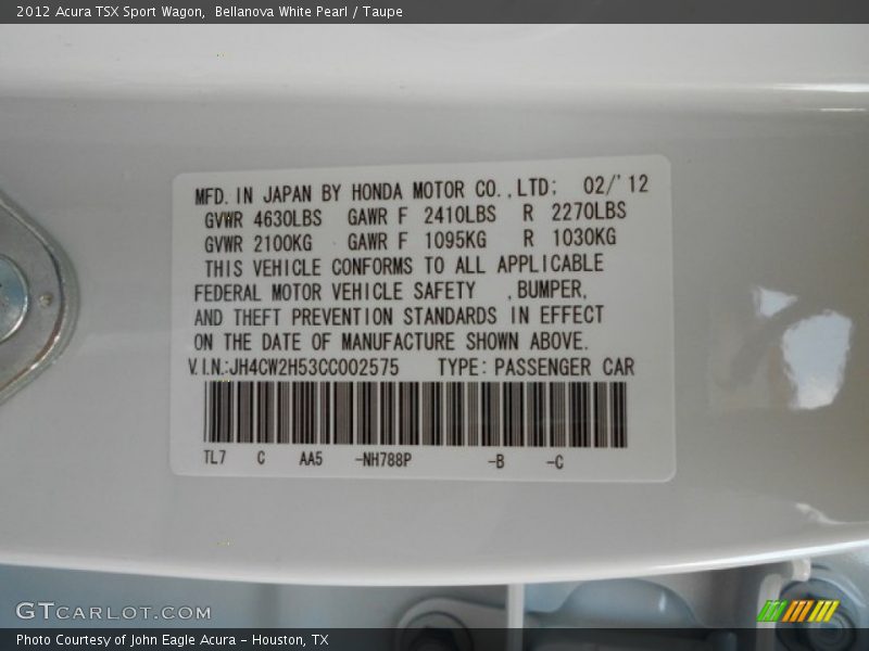 2012 TSX Sport Wagon Bellanova White Pearl Color Code NH788P