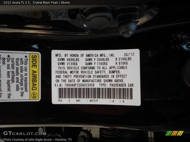 Crystal Black Pearl / Ebony 2012 Acura TL 3.5