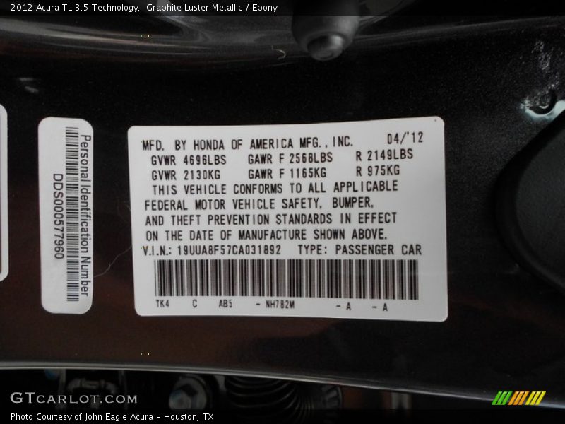 Graphite Luster Metallic / Ebony 2012 Acura TL 3.5 Technology