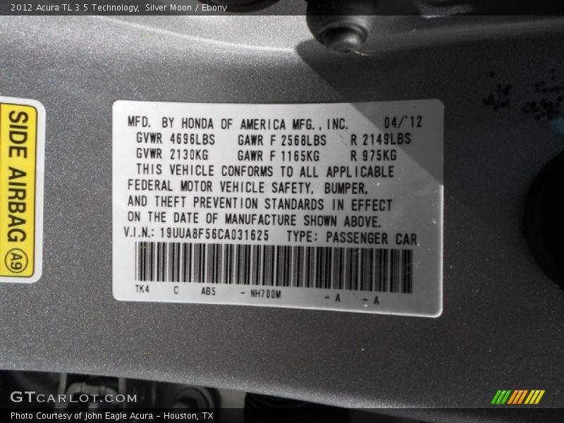 Silver Moon / Ebony 2012 Acura TL 3.5 Technology