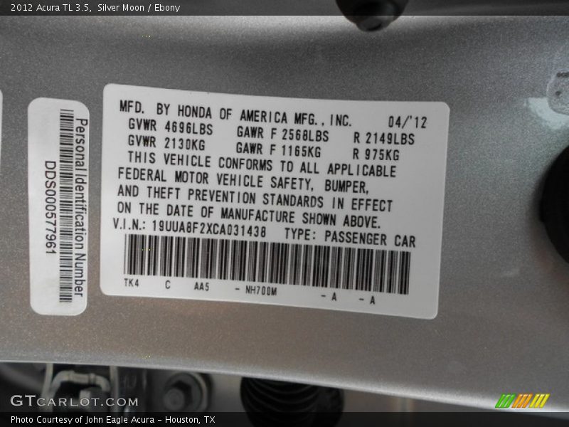 Silver Moon / Ebony 2012 Acura TL 3.5