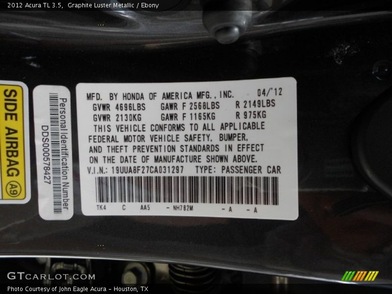 Graphite Luster Metallic / Ebony 2012 Acura TL 3.5