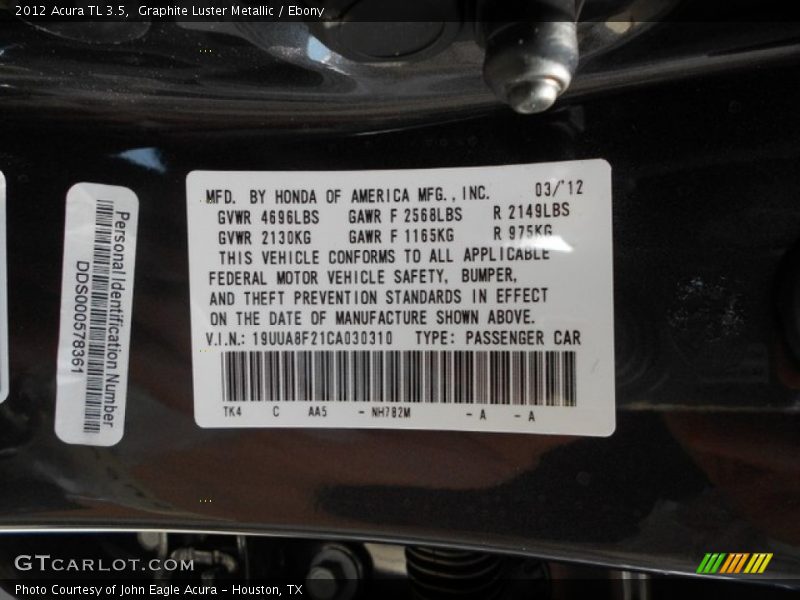 Graphite Luster Metallic / Ebony 2012 Acura TL 3.5