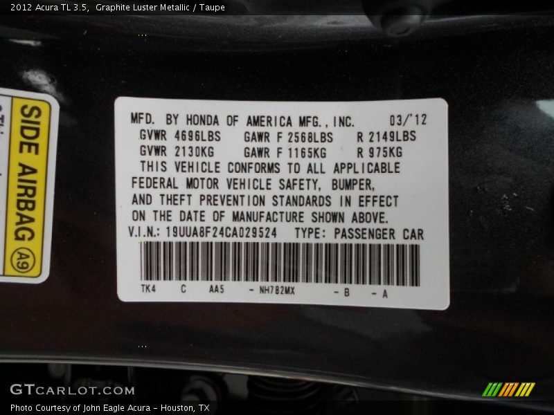 Graphite Luster Metallic / Taupe 2012 Acura TL 3.5