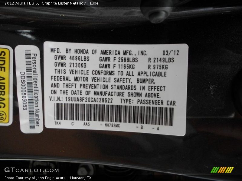 Graphite Luster Metallic / Taupe 2012 Acura TL 3.5