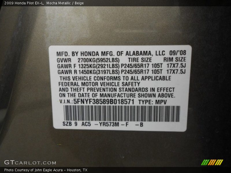 Mocha Metallic / Beige 2009 Honda Pilot EX-L