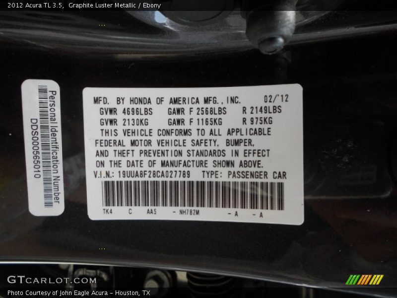 Graphite Luster Metallic / Ebony 2012 Acura TL 3.5