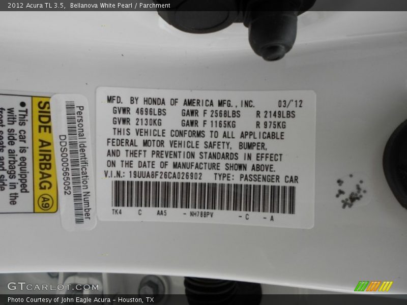Bellanova White Pearl / Parchment 2012 Acura TL 3.5