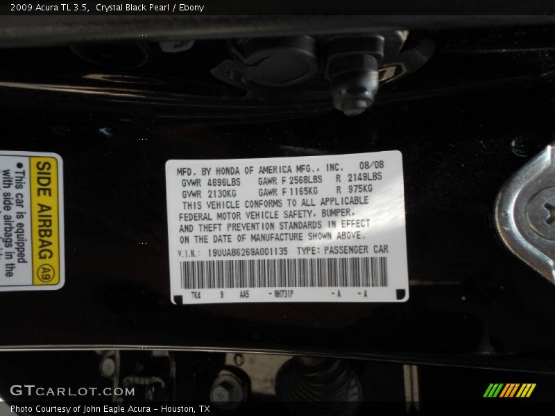 Crystal Black Pearl / Ebony 2009 Acura TL 3.5