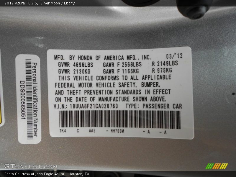 Silver Moon / Ebony 2012 Acura TL 3.5