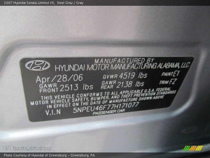 Steel Gray / Gray 2007 Hyundai Sonata Limited V6