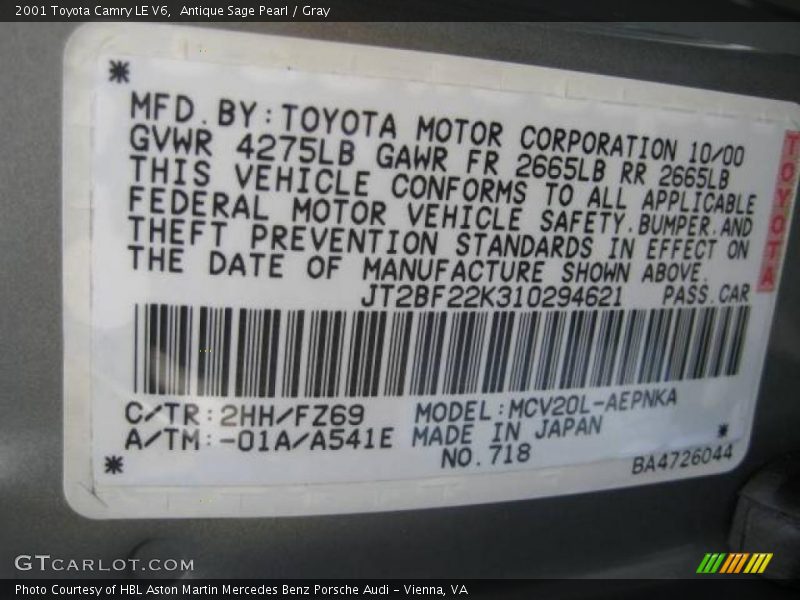 Antique Sage Pearl / Gray 2001 Toyota Camry LE V6