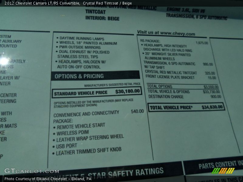  2012 Camaro LT/RS Convertible Window Sticker