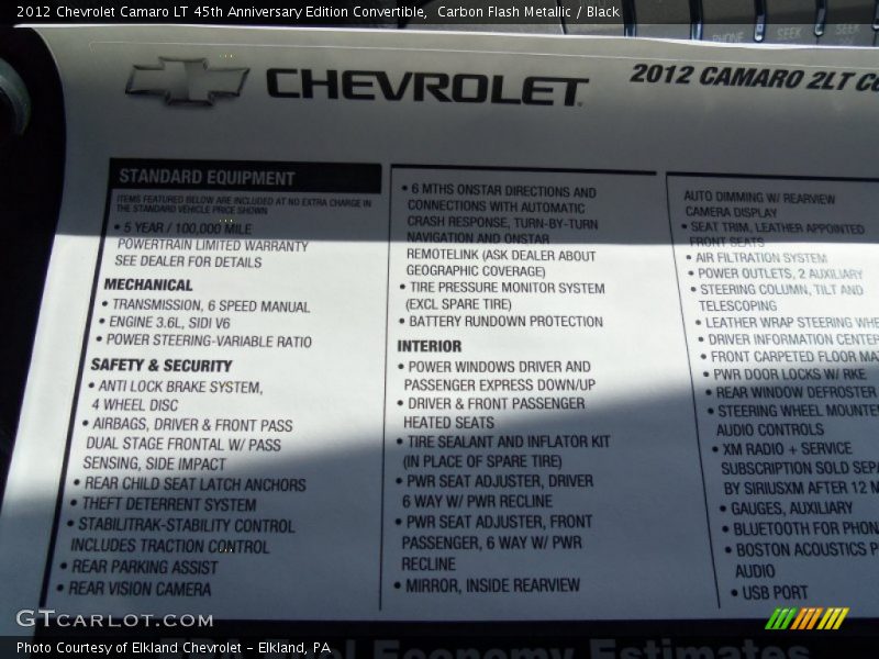  2012 Camaro LT 45th Anniversary Edition Convertible Window Sticker